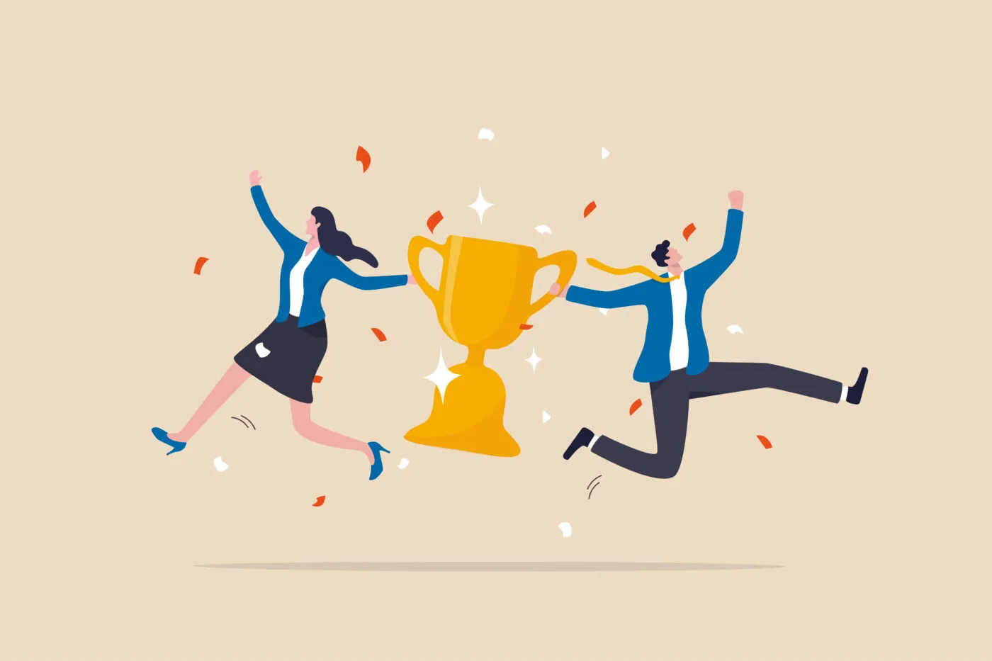 Team Success, Partnership Or Teamwork To Win Business Competition, Winner Or Achievement, Work Together Or Cooperation Concept, Businessman And Businesswoman Partner Celebrate Winning Victory Trophy.