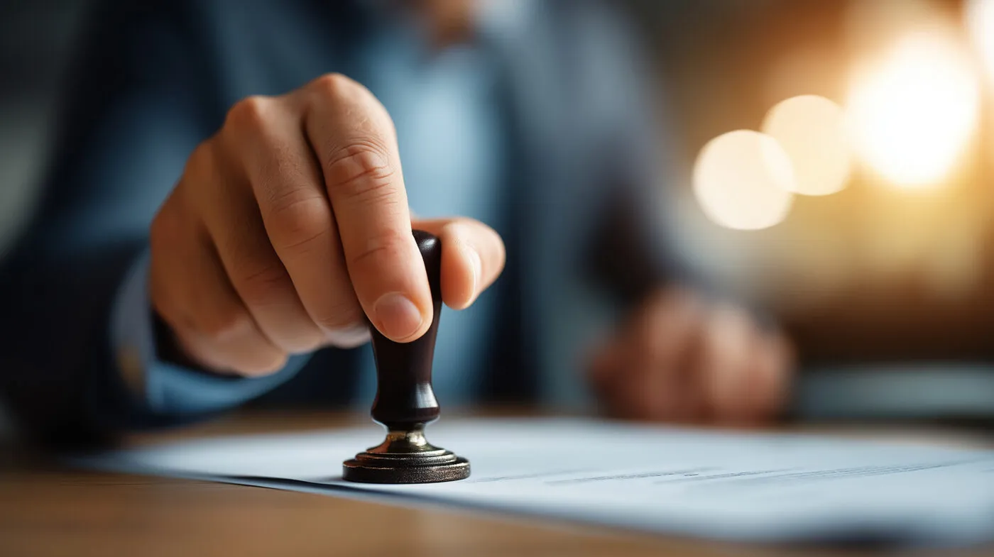 Document Approval And Verification: Business Hand Holding Rubber Stamp For Document Authentication Corporate Executive Approving Legal Papers Official Stamp Validation Notary