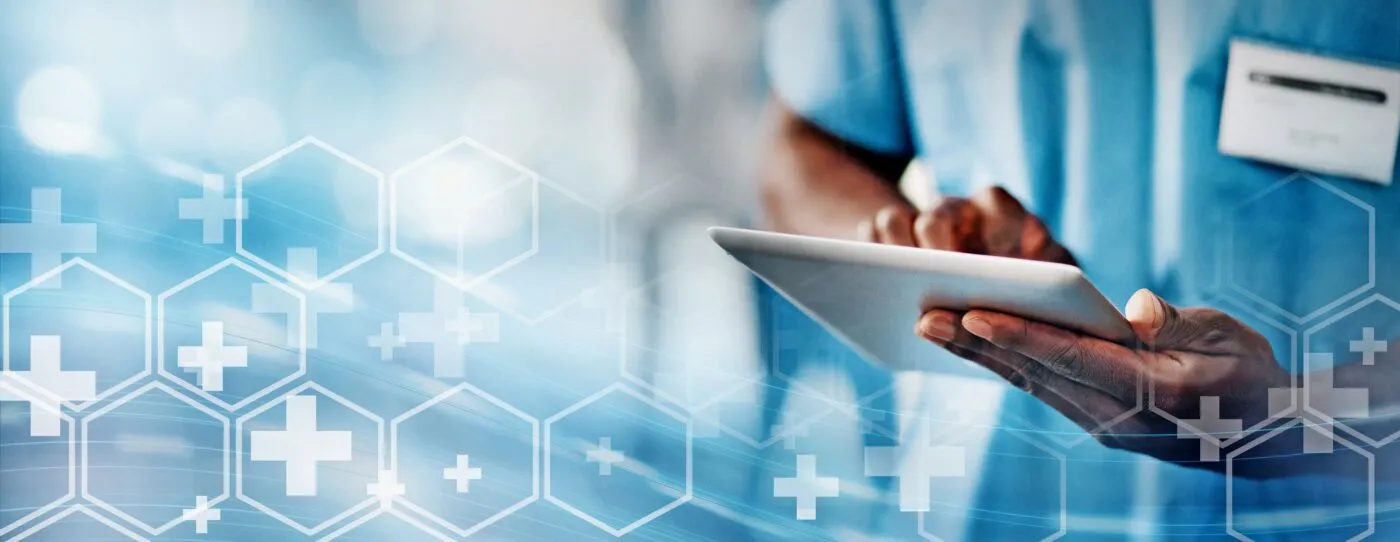 Doctor With Tablet, Medical And Technology Transformation Overlay, Digital Healthcare System With Online Health Info. Hospital Data, Black Man Hands In Medicine Mockup, Tech Innovation And Research